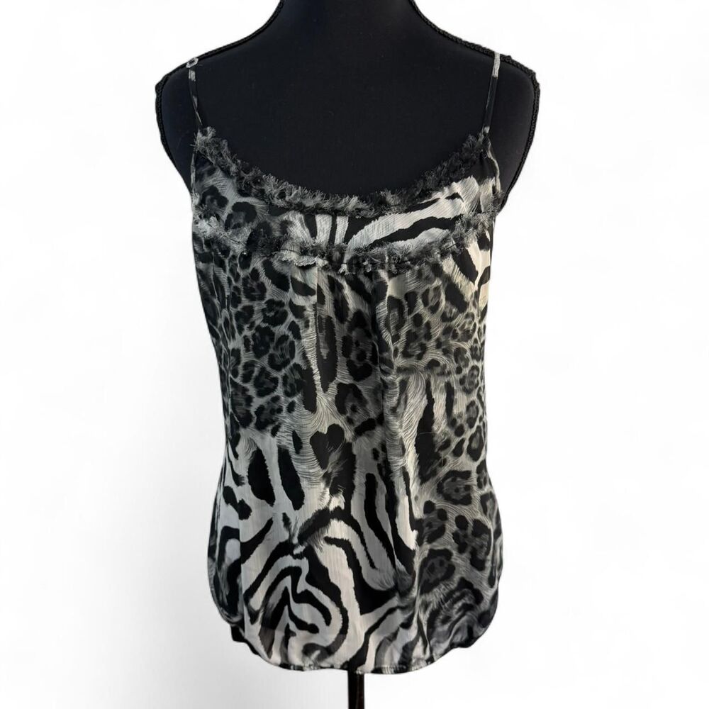 Vigoss Collection Y2K Animal Print Cami Top L Black White Zebra Leopard Ruffle